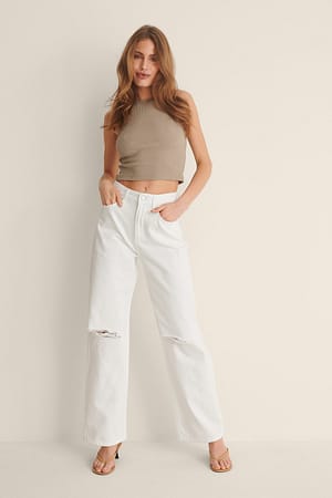 White Ekologiska mjuka Rigid Jeans med vida ben och slitningar