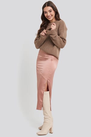 Dark Pink Split Seam Satin Midi Skirt