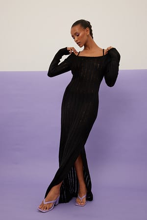 Black Square Neck Knitted Maxi Dress