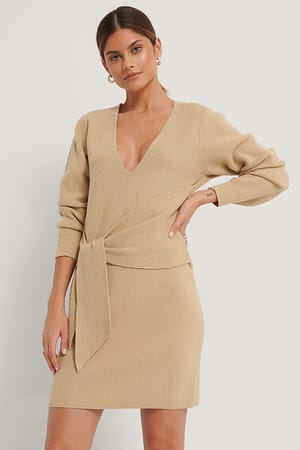 Beige Front Knot Knitted Dress