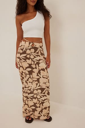 Dark Gouache Floral Print Strap Detailed Cut Out Midi Skirt