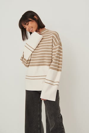 Beige Stripe Striped Jacquard Sweater