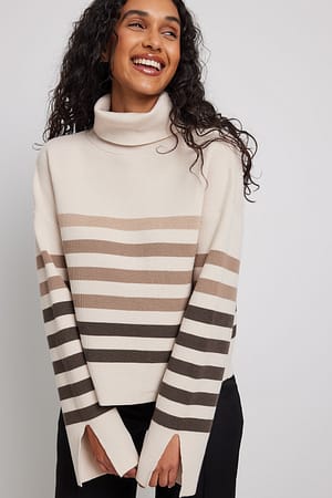Beige Striped  Oversized Sweater