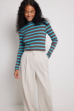 Blue/Brown Striped Ribbed Long Sleeved Turtle Neck Sweater