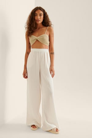 White Structured Flowy Elastic Waist Pants