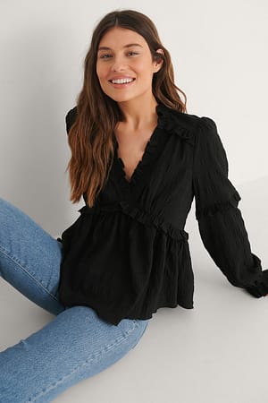 Black Structured LS Frill Blouse