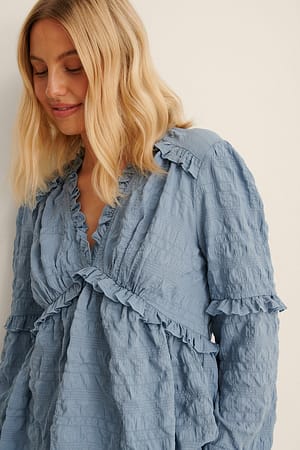 Stone Blue Structured LS Frill Blouse