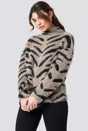 beige/Black Hairy Zebra Knitted Sweater