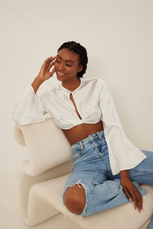 White Trumpet Sleeve Cropped Blouse