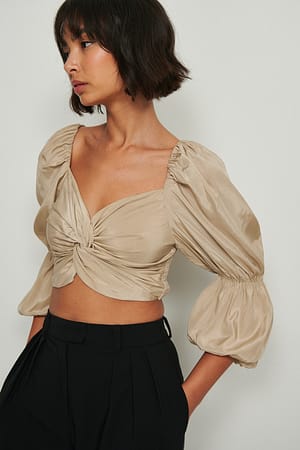 Beige Twisted Front LS Blouse