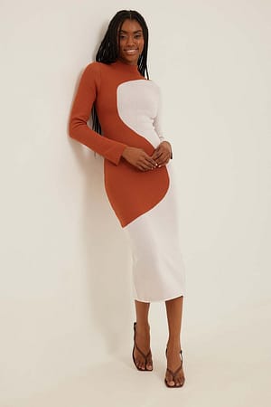 White/Orange Two Colored Knitted Midi Dress