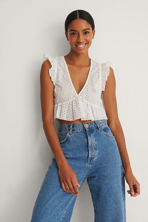 White V-neck Anglaise Cropped Top