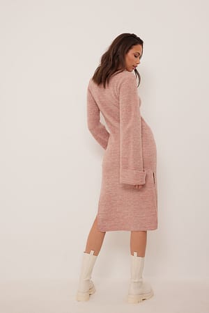 Pink Melange V-neck Knitted Midi Dress