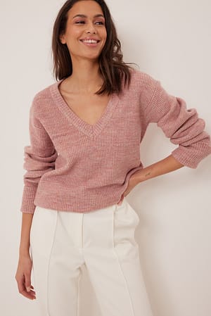 Pink Melange V-ringad tröja med detaljer