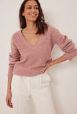 Pink Melange V-neck Knitted Oversized Sweater