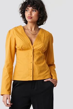 Mustard Yellow V-Neck Buttoned Front LS Top