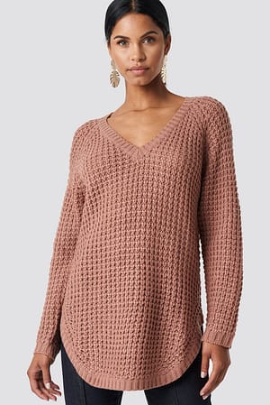 Dusty Pink V-neck Pineapple Knitted Sweater