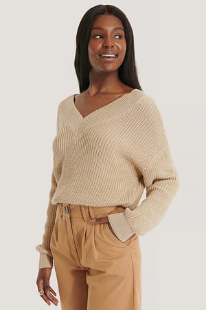 Light Beige V-neck Rib Knitted Sweater