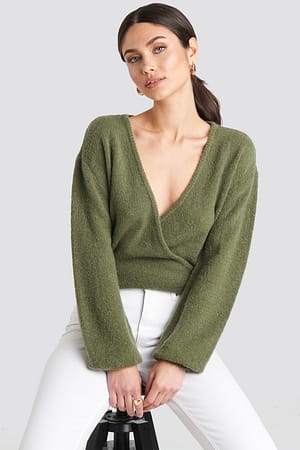 Khaki V-Neck Overlap Knitted Sweater