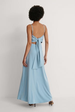 Dusty Blue Waterfall Bow Maxi Dress