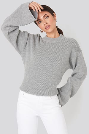 Light Grey Sweter Z Dzianiny, Szeroki Rękaw, Dekolt Łódeczka