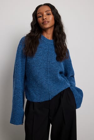 Blue Wide Sleeve Knitted Sweater