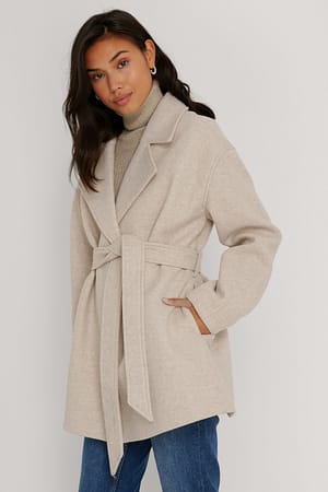 Beige Wool Blend Belted Short Coat