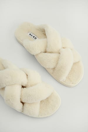 Creme Woven Upper Teddy Slippers