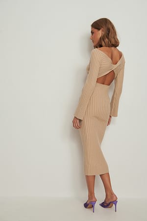 Beige Wrap Back Detailed Knitted Dress