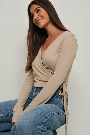 Beige Wrap Detail Cropped Top