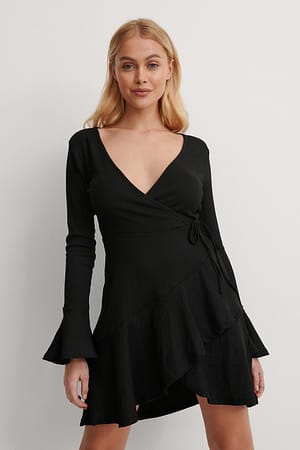 Black Wrap Flounce Detail Dress