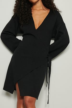 Black Wrap Knitted Midi Dress