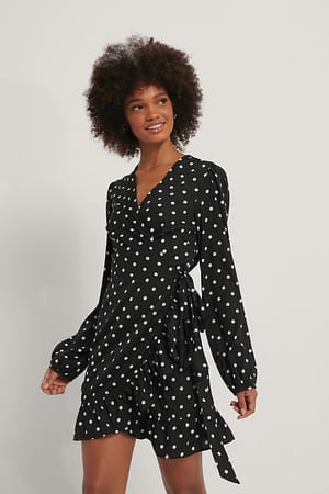 Black Polka Dot Wrapped Flounce Mini Dress