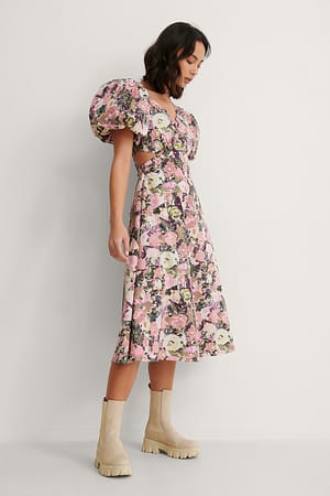 Vintage Rose Asymmetric Short Puff Sleeve Midi Dress