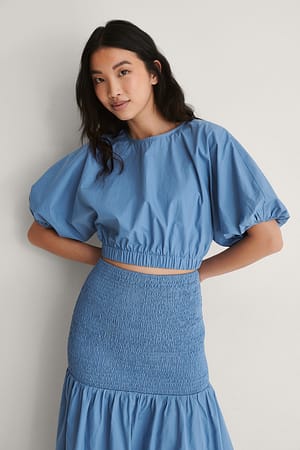 Blue Cropped Elastic Detail Top