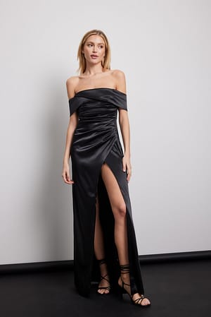 Black Off Shoulder Satin Maxi Dress