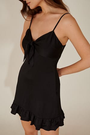 Black Recycled Front Tie Frill Mini Dress