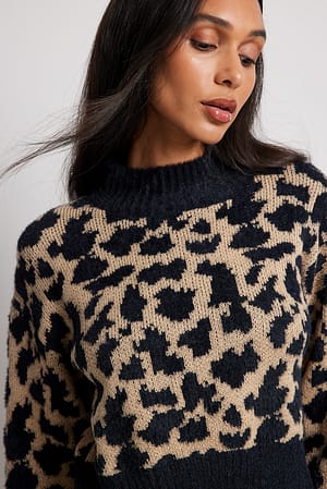 Leopard Kort strikket sweater i overstørrelse med mønster