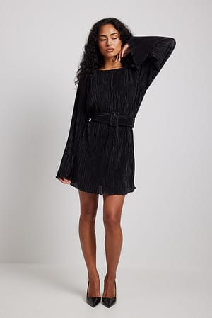 Black Pleated Detail Belted Mini Dress
