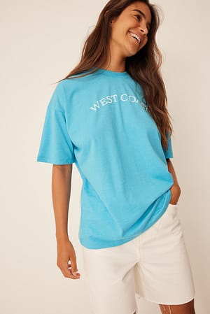 Blue Luźny T-shirt z nadrukiem