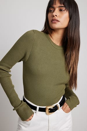 Dark Green Ribbed Knitted Round Neck Sweater