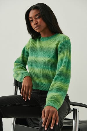 Green Round Neck Knitted Faded Stripe Sweater