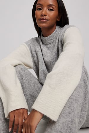 White/Grey Round Neck Wool Blend Sweater
