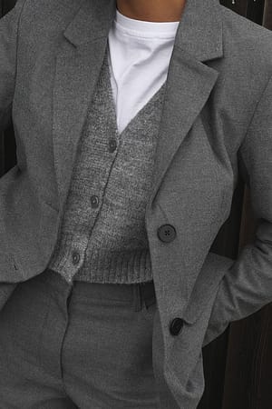 Grey Melange Kort strikket cardigan med knapper og v-hals