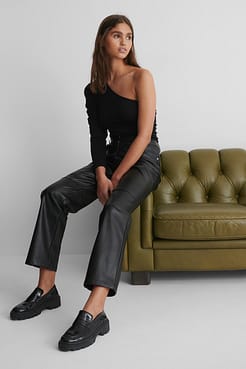 One Shoulder Rouched Body with PU Pants and Loafers.