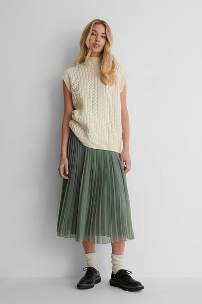 Khaki Midi Pleated Skirt
