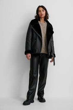 Bonded Aviator Jacket with Knitted Sweater and PU Pants.