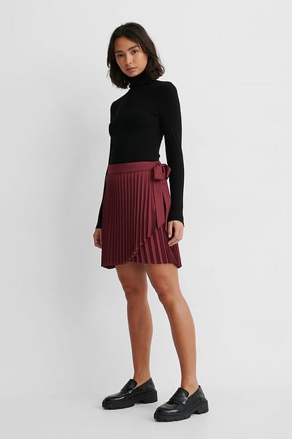 Burgundy Wrap Pleated Mini Skirt