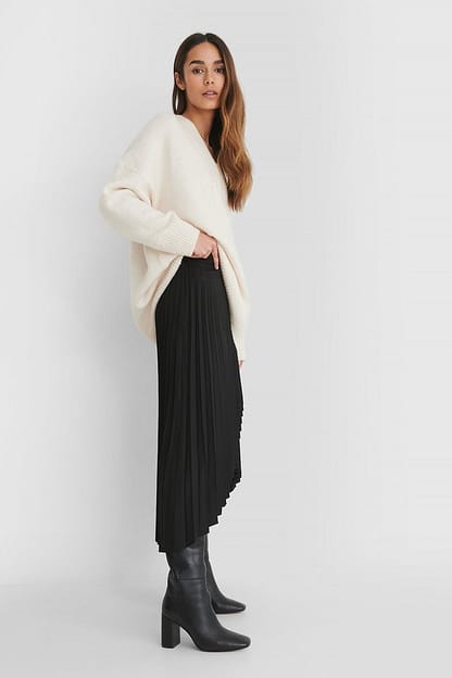 Black Wrap Pleated Midi Skirt