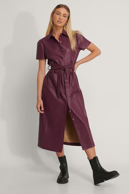 Burgundy Short Sleeve PU Shirt Dress